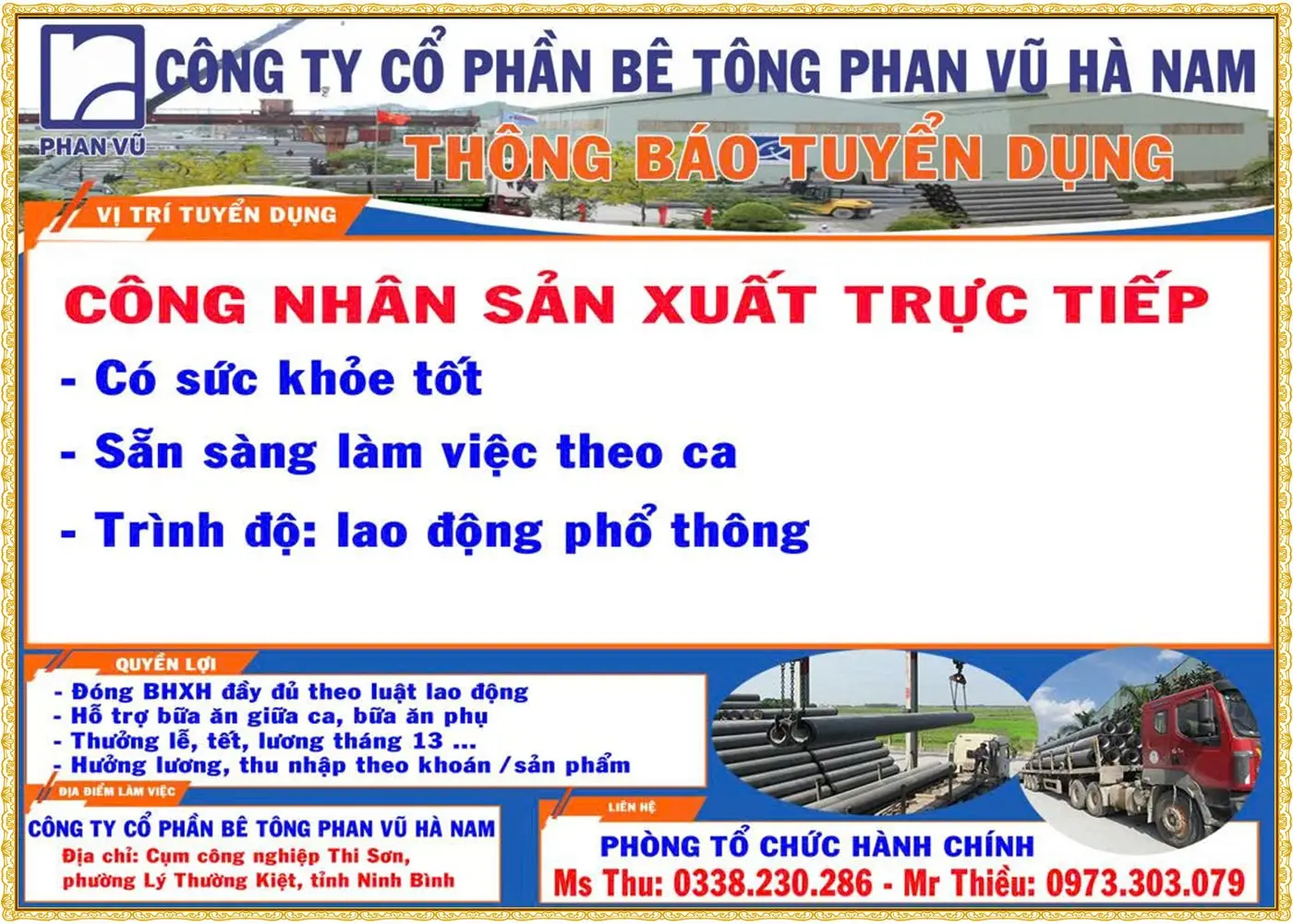 Ninh Bình tuyển công nhân sản xuất tại Công ty bê tông