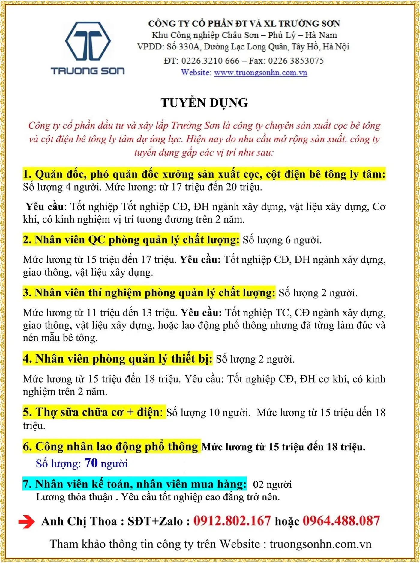 Công ty trường sơn hà nam tuyển kế toán, nhân viên mua hàng